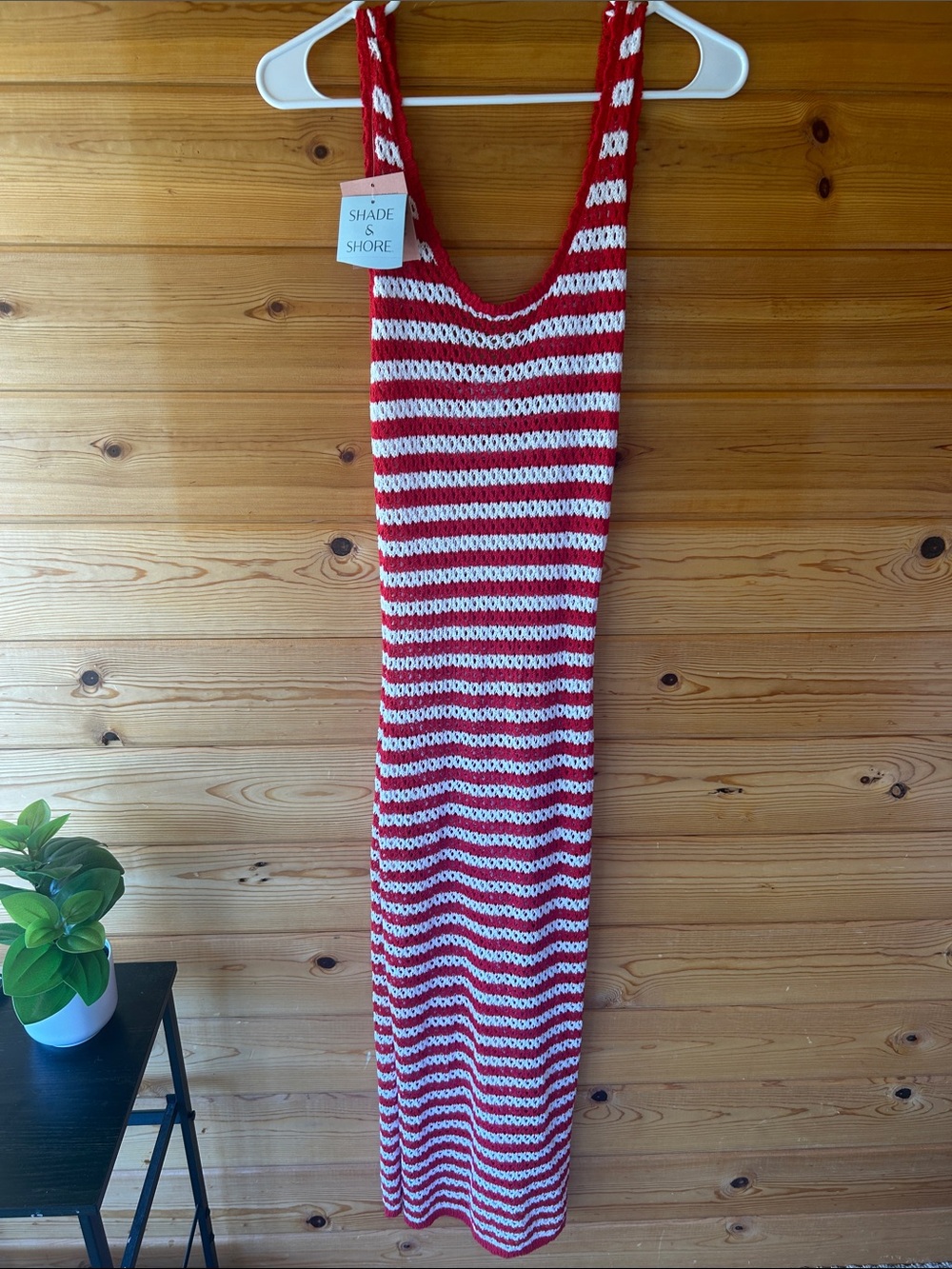 Shade & Shore Red & White Striped Crochet Maxi Dress